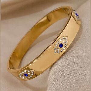 Evil Eye Stainless Steel Gold Plated Bangle with Clear & Blue Rhinestones NEW